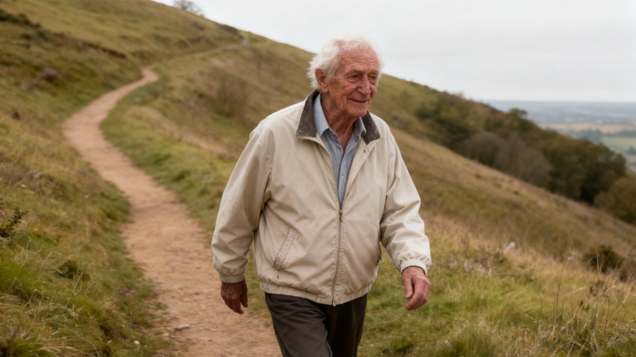 An older man out walking again, steady and unhurried (placeholder)
