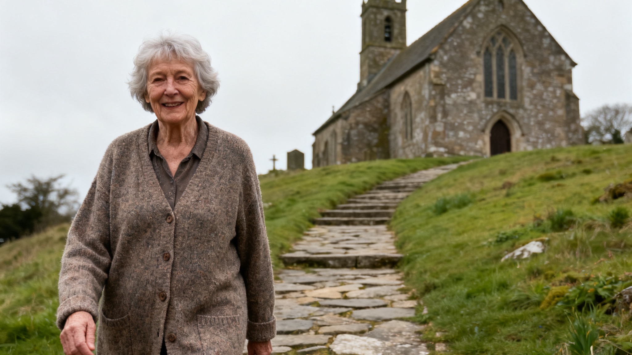 Pauline Carter, 74, steady and smiling on the church path again (placeholder)